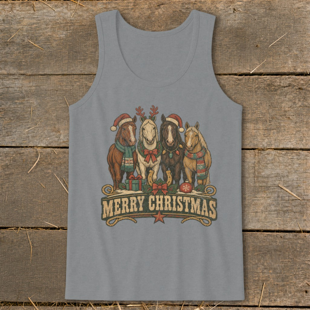 Four horses wearing Santa hats and scarves, with "Merry Christmas" text below.