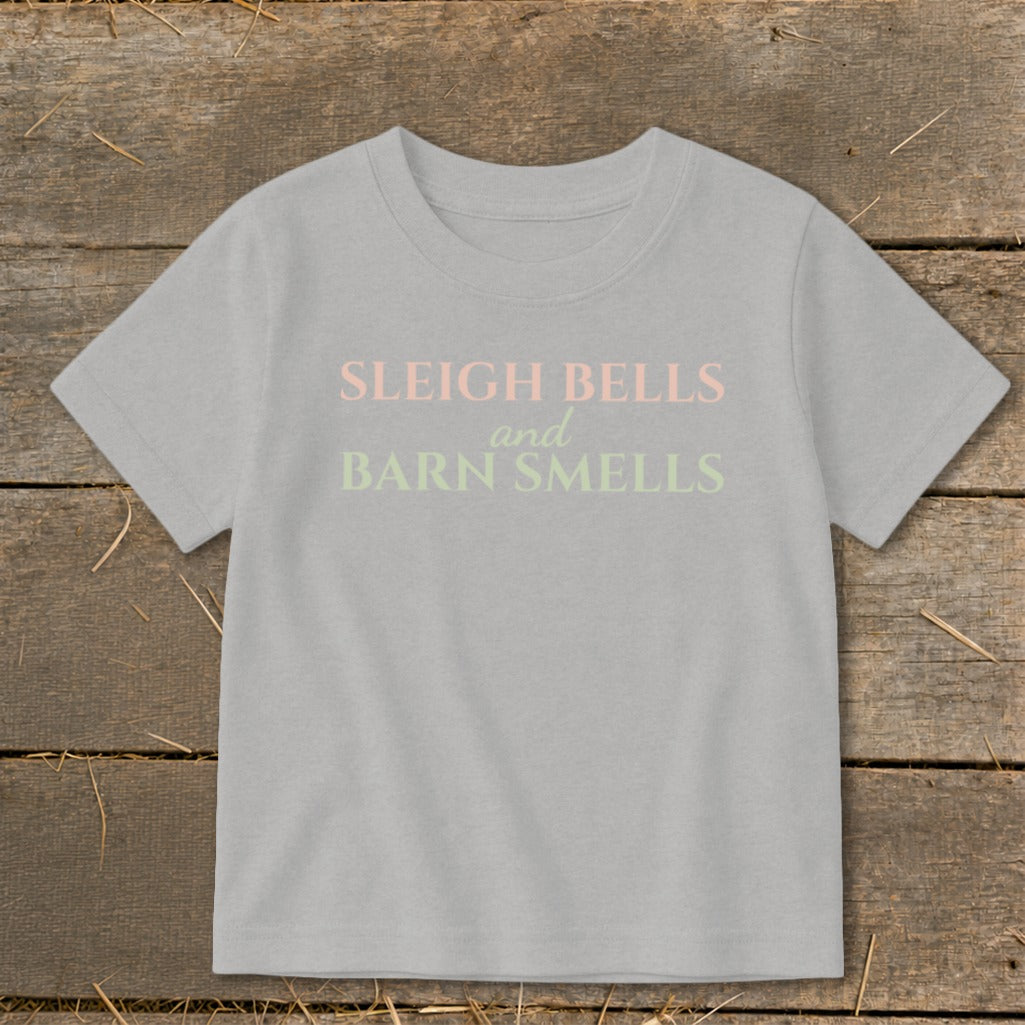 Grey t-shirt with text "Sleigh Bells and Barn Smells"