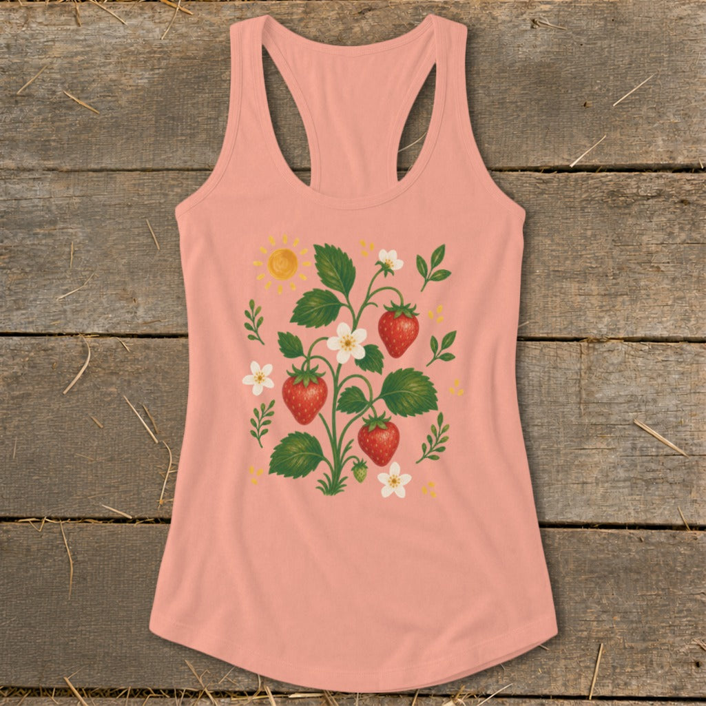 Peach tank top with a strawberry plant, sun, and flowers print.