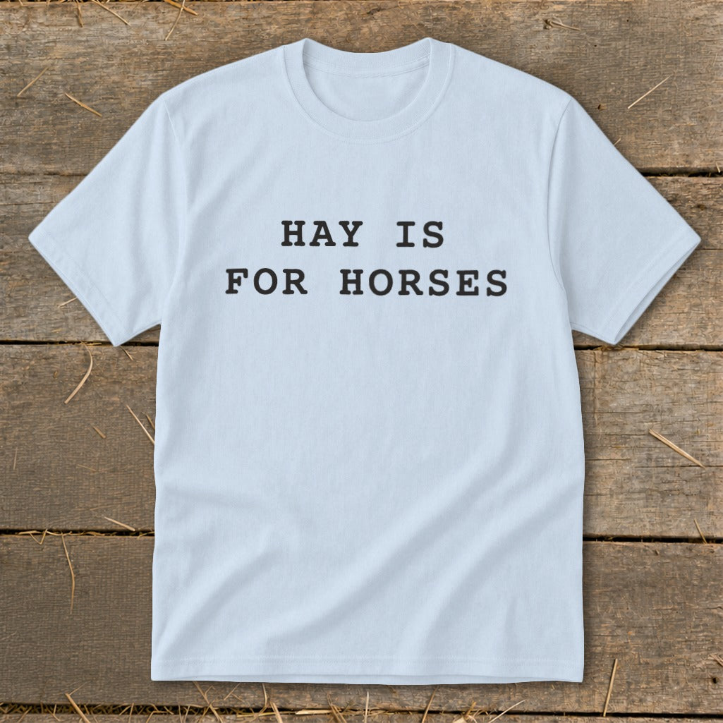 Light blue t-shirt with black text "HAY IS FOR HORSES".