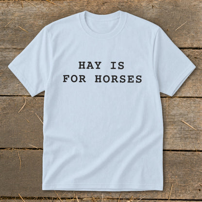 Light blue t-shirt with black text "HAY IS FOR HORSES".