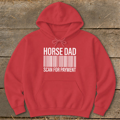Red hoodie with "HORSE DAD" and "SCAN FOR PAYMENT" text and barcode.