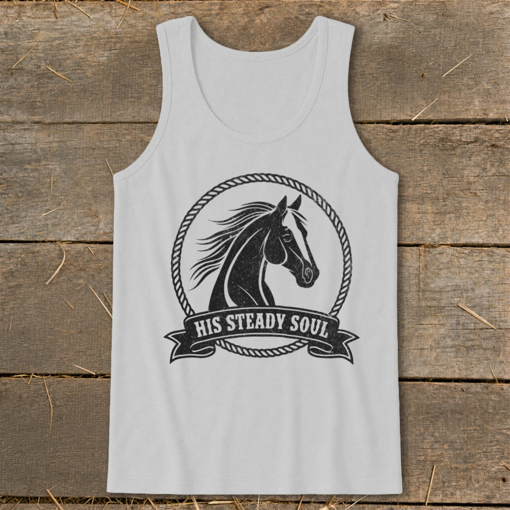 Light gray tank top with a black horse head graphic and the text "HIS STEADY SOUL".