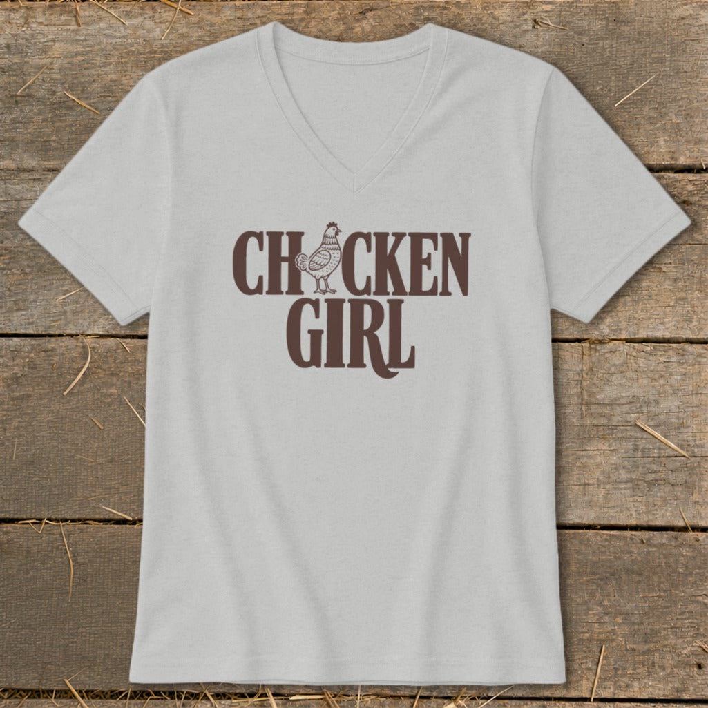 Grey v-neck t-shirt with "CH-CKEN GIRL" text and a chicken graphic.