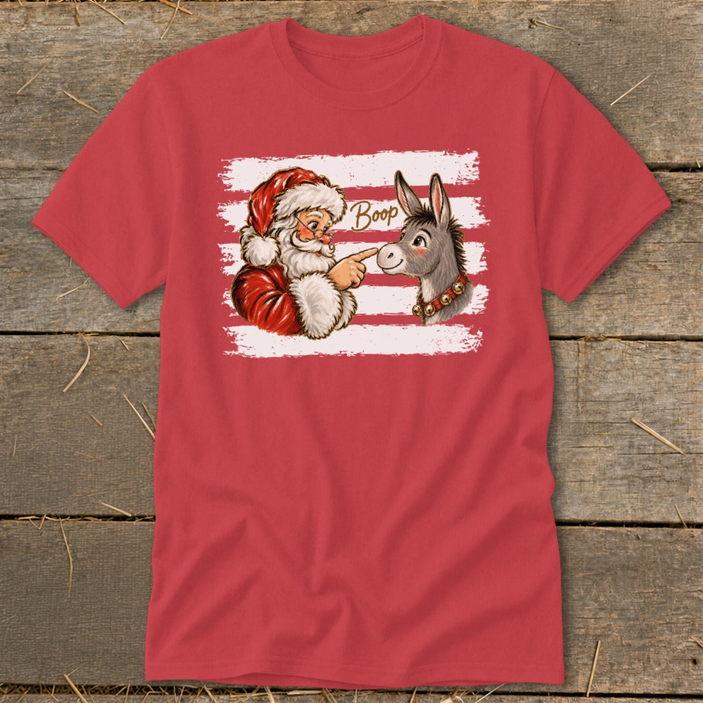 Santa booping a donkey with "Boop" text on a red t-shirt.