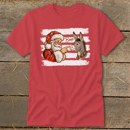 Santa booping a donkey with "Boop" text on a red t-shirt.