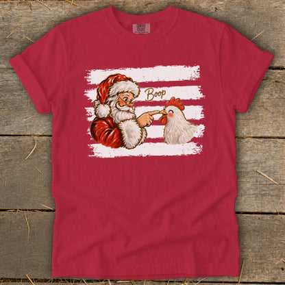 Santa booping a chicken on the nose with "Boop" text.