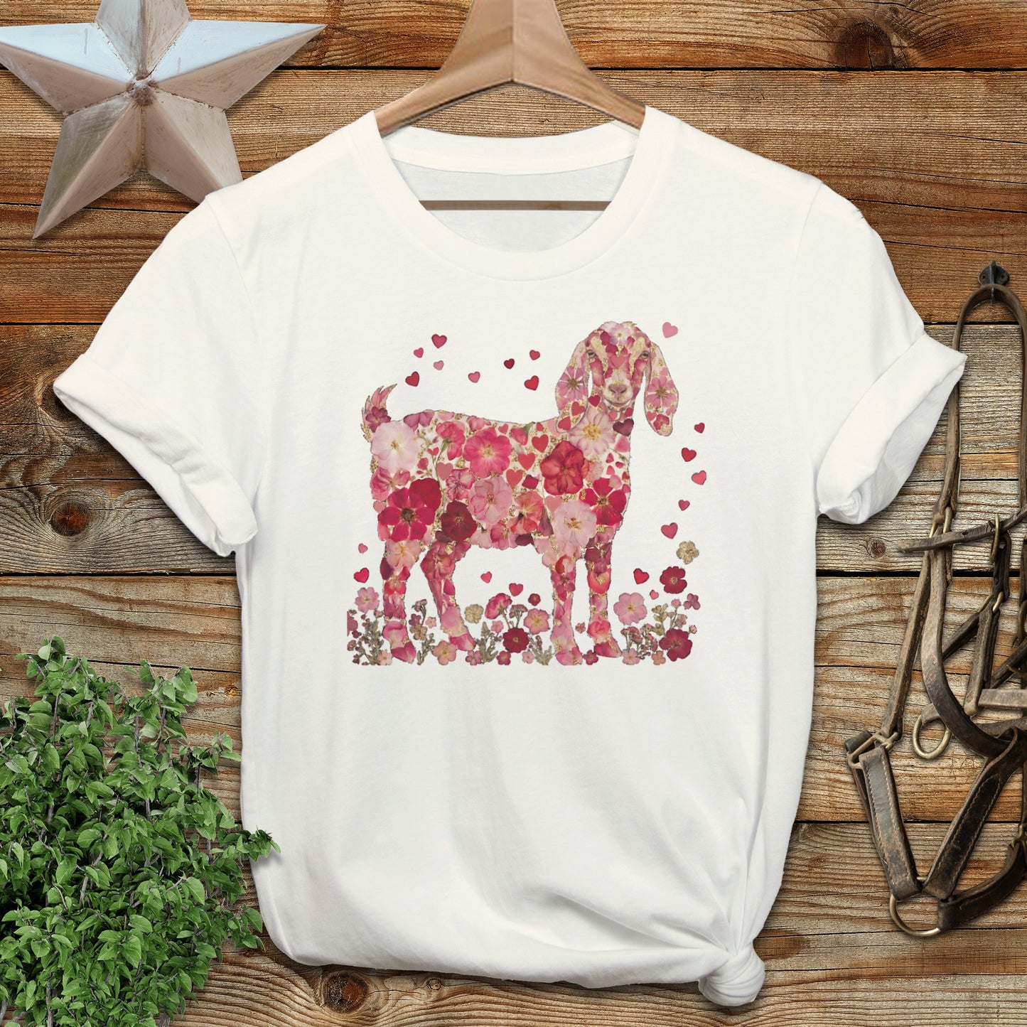 Floral Goat Design with Hearts Graphic Print T-Shirt