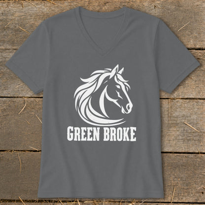 A charcoal grey V-neck t-shirt with a white graphic of a horse head and the text GREEN BROKE on a rustic wooden background.