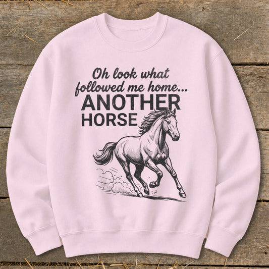 Pink sweatshirt with black text and graphic of a running horse.