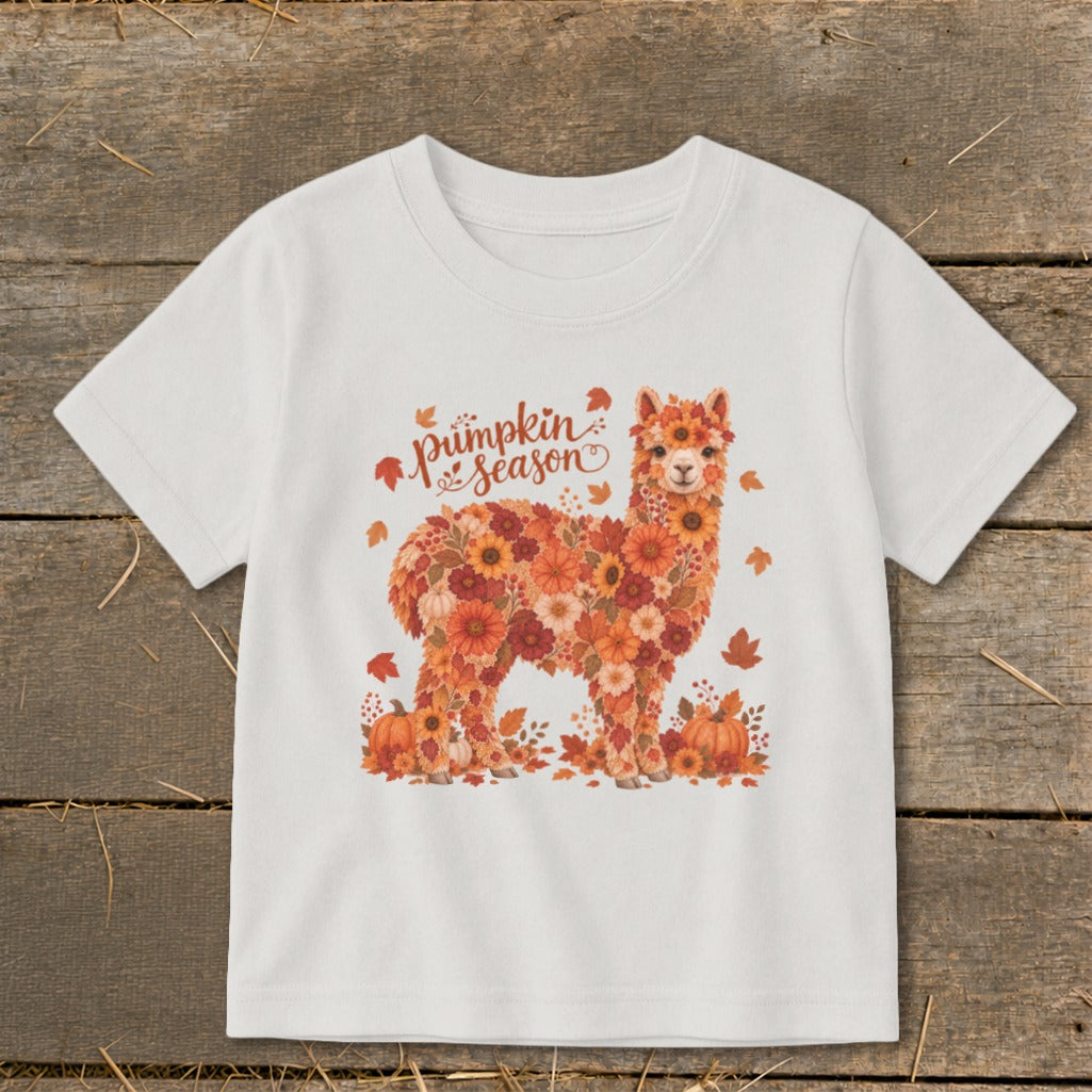 White t-shirt with a floral alpaca graphic and "pumpkin season" text.