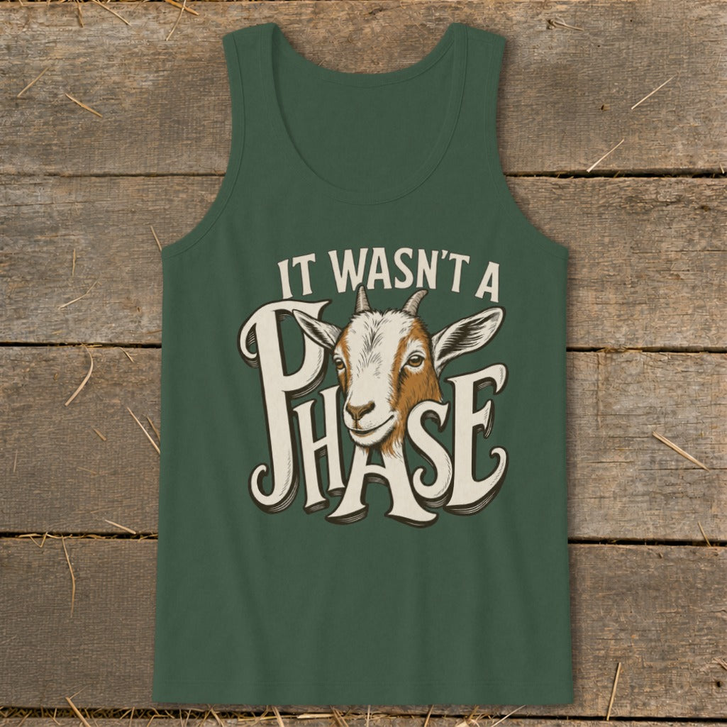 Green tank top with goat graphic and text "IT WASN'T A PHASE".