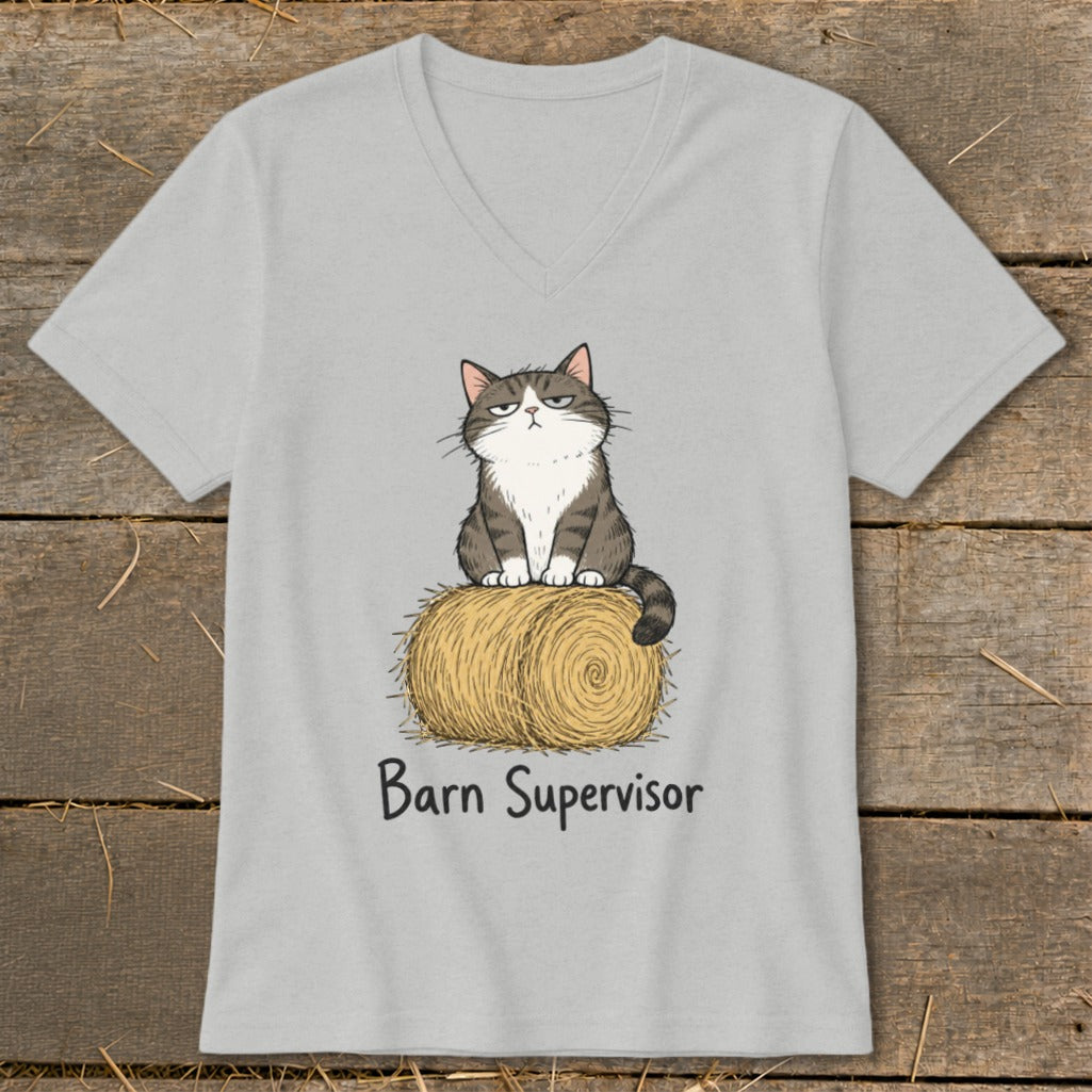 Gray v-neck t-shirt with a cartoon cat sitting on a hay bale, text reads "Barn Supervisor."