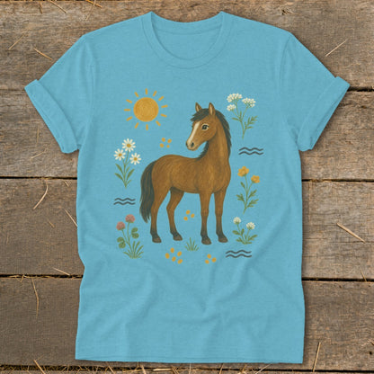 Brown horse with sun and flowers on a light blue t-shirt.