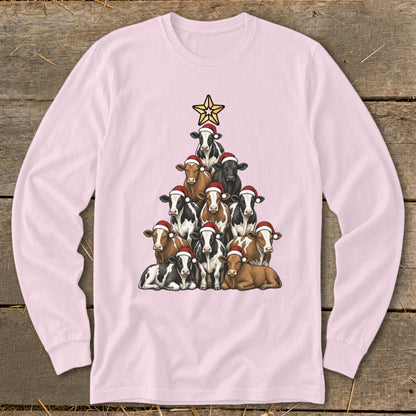 Christmas tree made of cows wearing Santa hats, topped with a star.