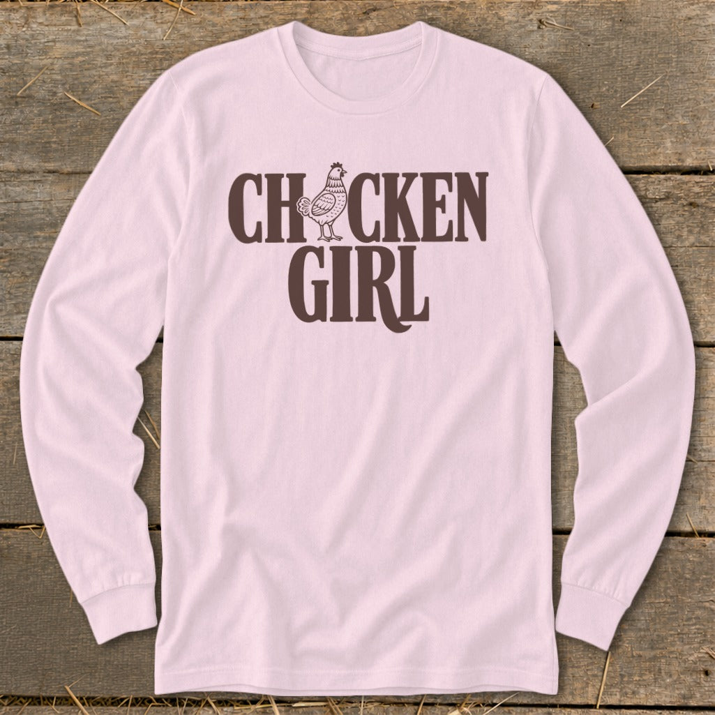 Long sleeve pink shirt with "Chicken Girl" text and chicken graphic.