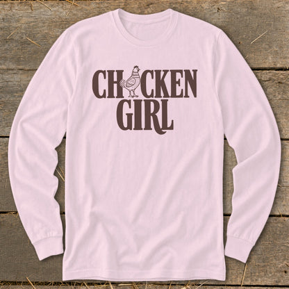 Long sleeve pink shirt with "Chicken Girl" text and chicken graphic.