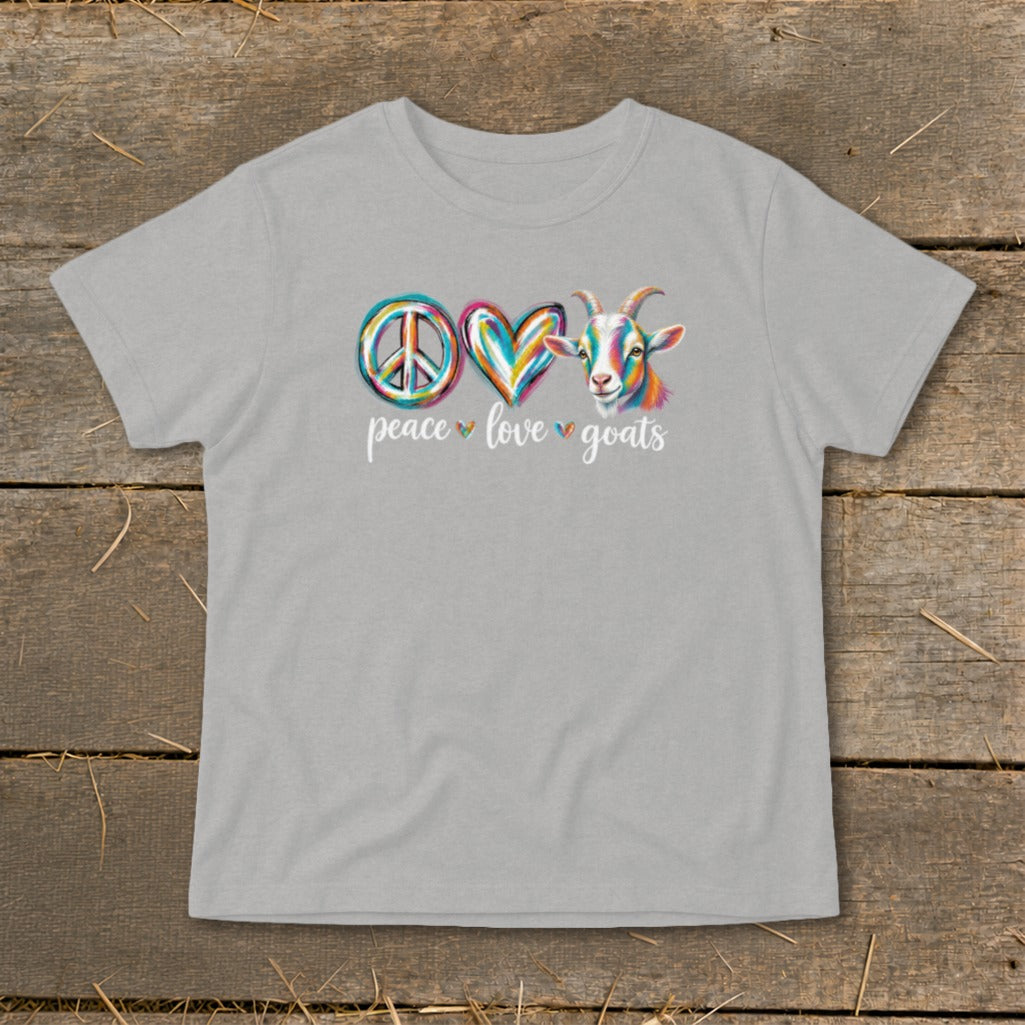 Grey t-shirt with peace, love, and goats graphic and text.