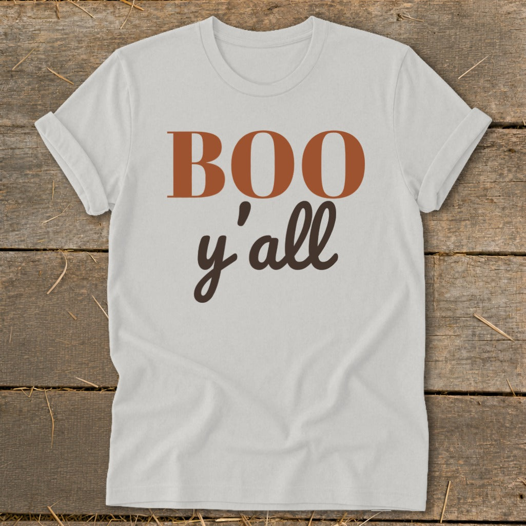 White t-shirt with brown text that says "BOO y'all".