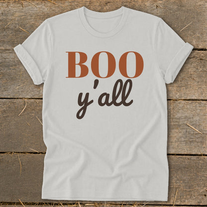 White t-shirt with brown text that says "BOO y'all".