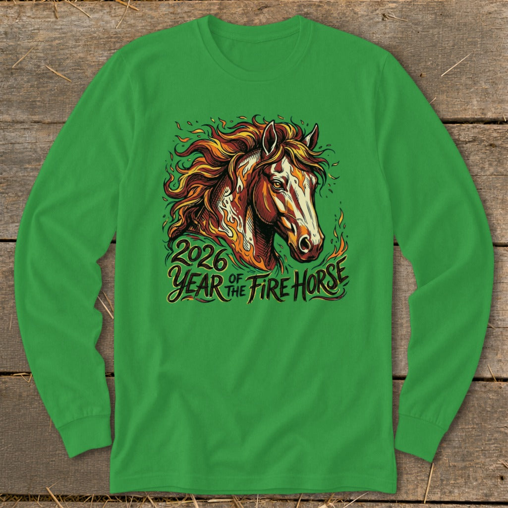 Green long sleeve shirt with "2026 Year of the Fire Horse" and a horse head graphic.