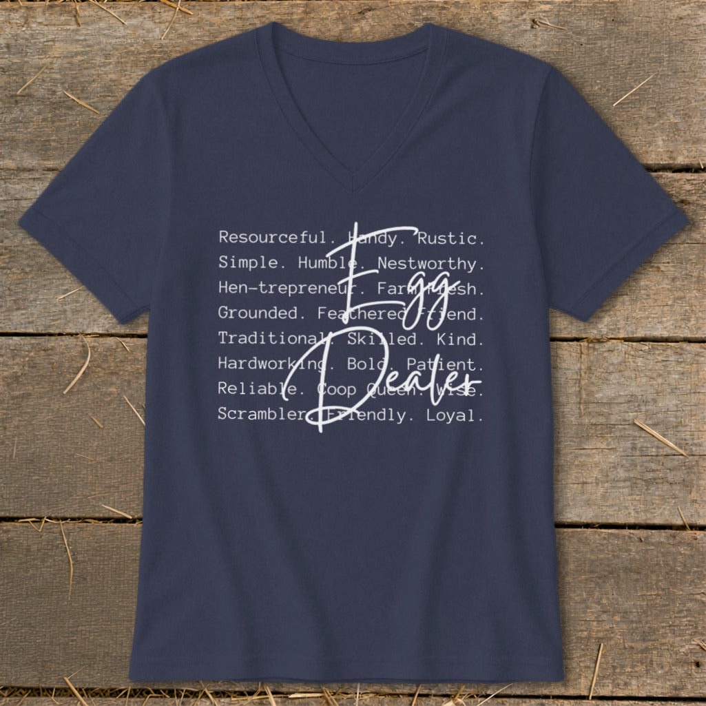 Navy v-neck t-shirt with text "Egg Dealer" and descriptive words.