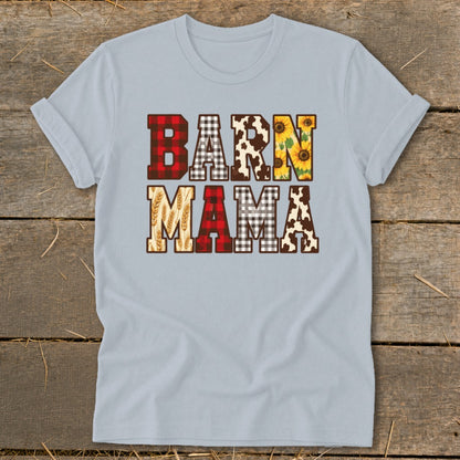 Light blue t-shirt with "BARN MAMA" text in farmhouse-style patterns.