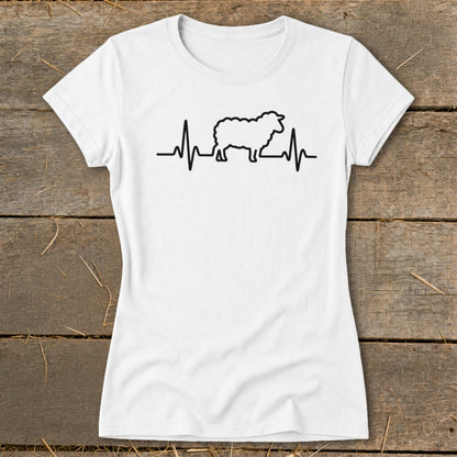 A white women's t-shirt featuring a black graphic of a sheep integrated into a heartbeat line.