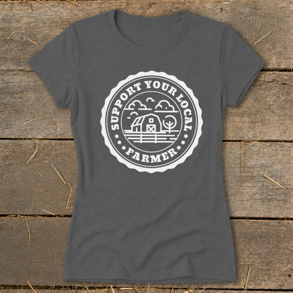 Grey t-shirt with white circular graphic reading "SUPPORT YOUR LOCAL FARMER" and a barn illustration.