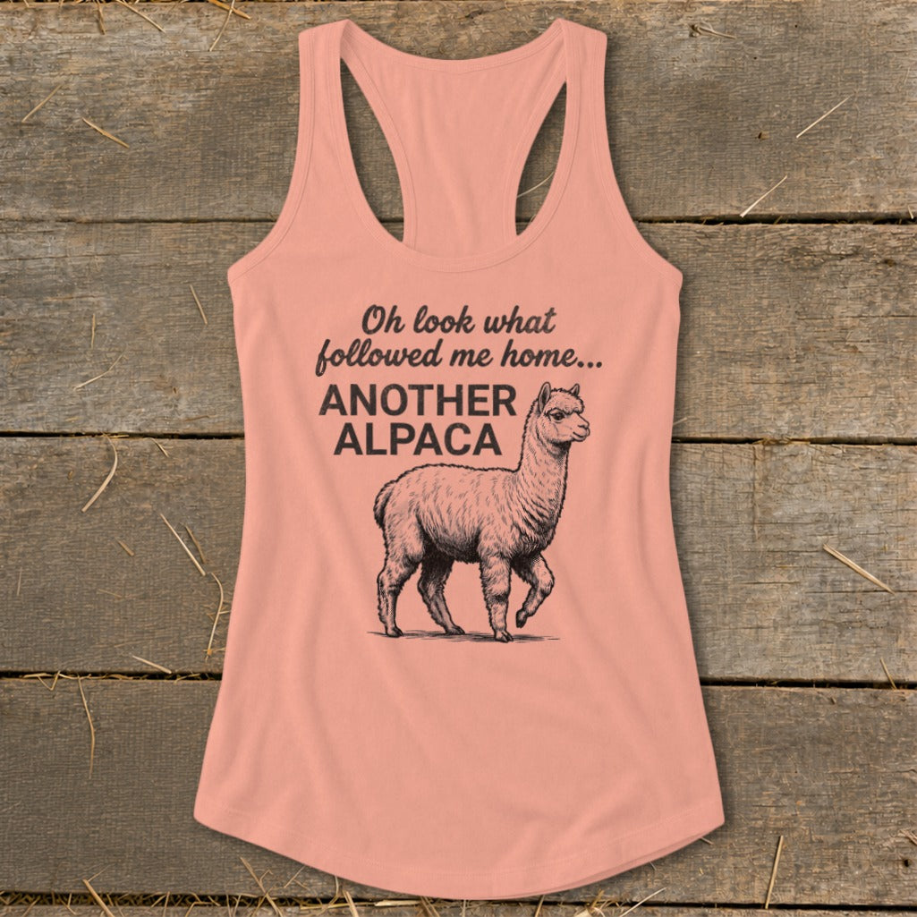 Peach tank top with "Oh look what followed me home... ANOTHER ALPACA" text and alpaca graphic.