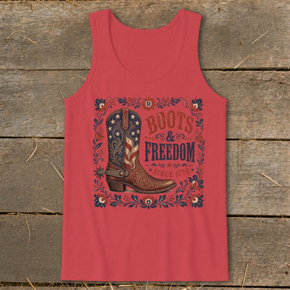 Red tank top with cowboy boot graphic and text "Boots & Freedom Since 1776".
