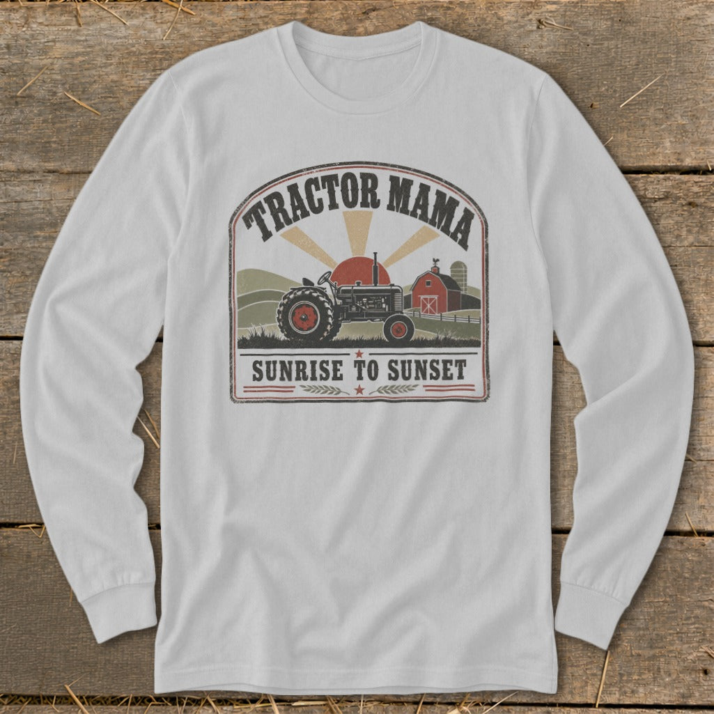 Tractor Mama graphic with tractor, barn, sunrise, and "Sunrise to Sunset" text.