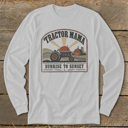 Tractor Mama graphic with tractor, barn, sunrise, and "Sunrise to Sunset" text.