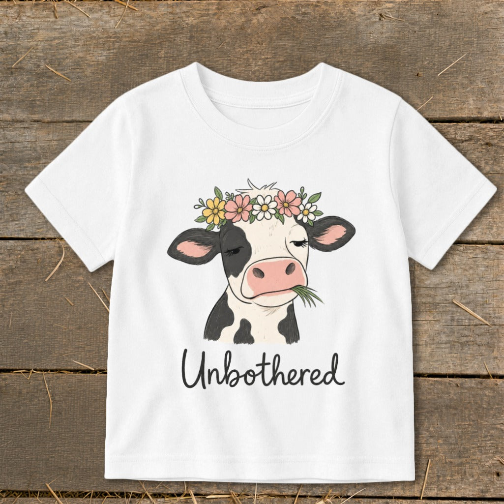 White t-shirt with cartoon cow wearing a flower crown and text "Unbothered".