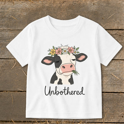 White t-shirt with cartoon cow wearing a flower crown and text "Unbothered".