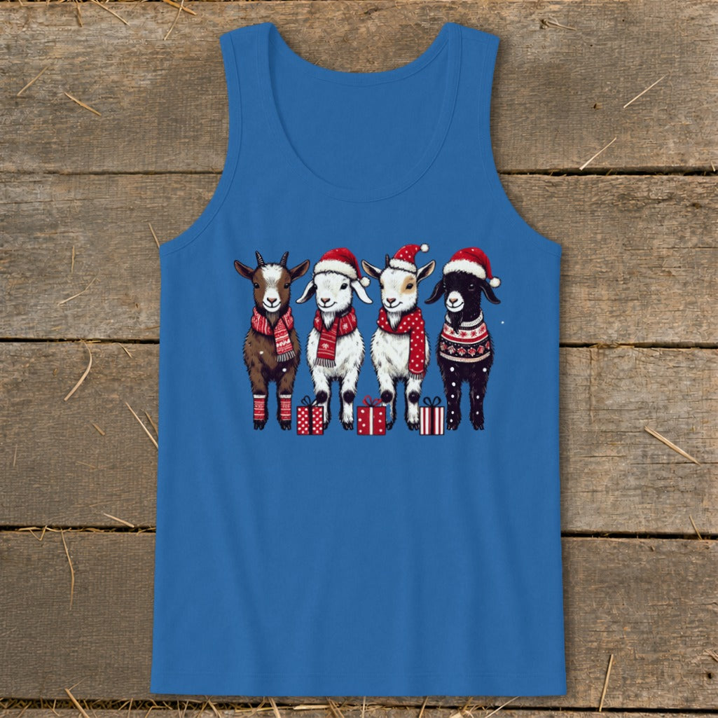 Four cartoon goats wearing Santa hats and scarves stand with presents.
