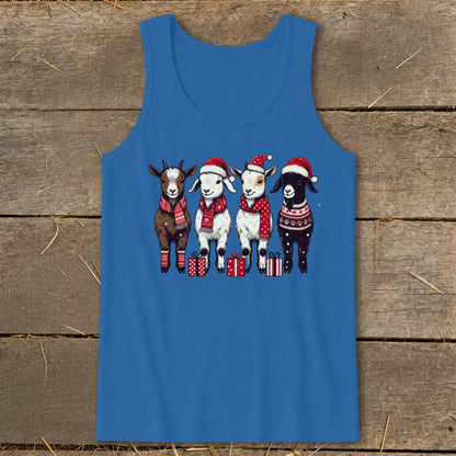 Four cartoon goats wearing Santa hats and scarves stand with presents.