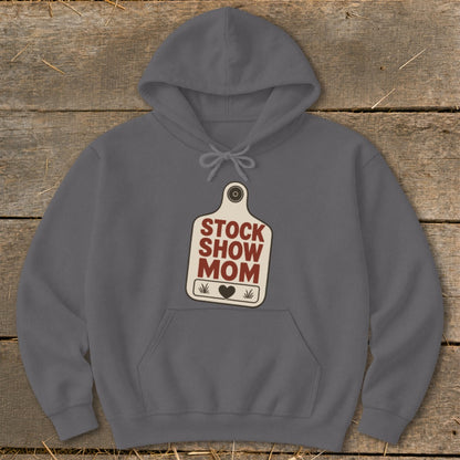 Grey hoodie with a cream-colored tag graphic that reads "STOCK SHOW MOM".