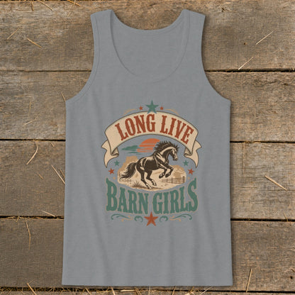 Tank top graphic with running horse, sunset, and text "Long Live Barn Girls".