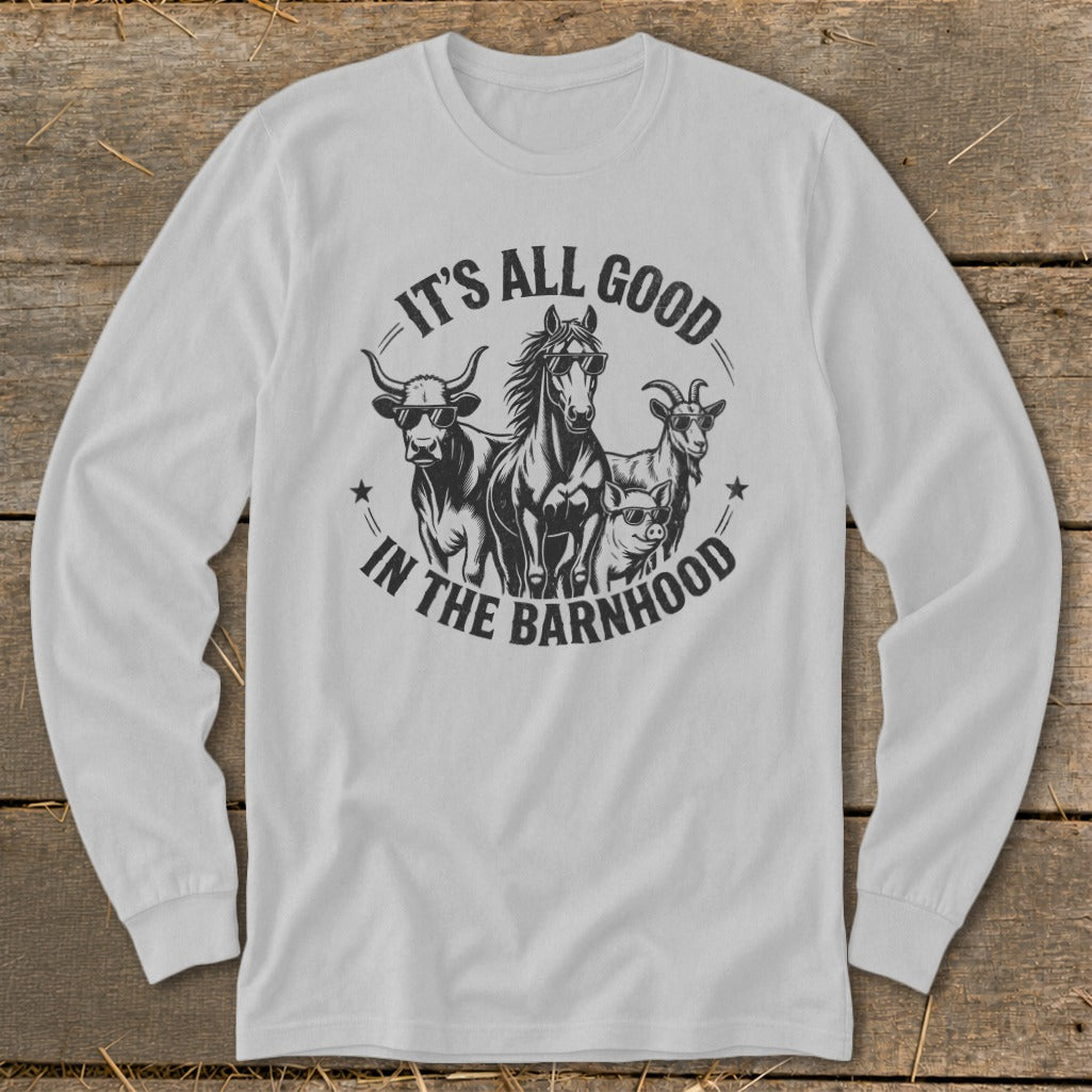 Line art of a bull, horse, goat, and pig wearing sunglasses with text "IT'S ALL GOOD IN THE BARNHOOD".