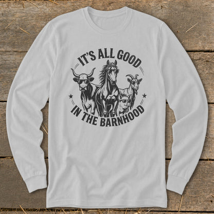 Line art of a bull, horse, goat, and pig wearing sunglasses with text "IT'S ALL GOOD IN THE BARNHOOD".