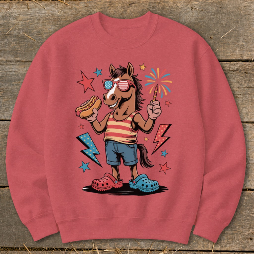 Cartoon horse in sunglasses holding hot dog and sparkler with fireworks and lightning bolts.