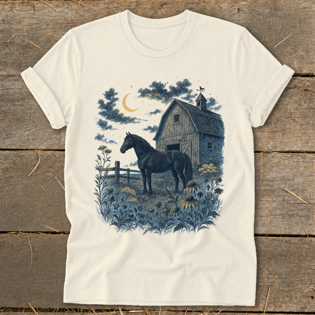 Black horse stands near wooden barn and fence under crescent moon and stars.