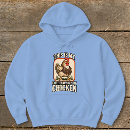 Light blue hoodie with "This Is My Emotional Support Chicken" graphic featuring a chicken.