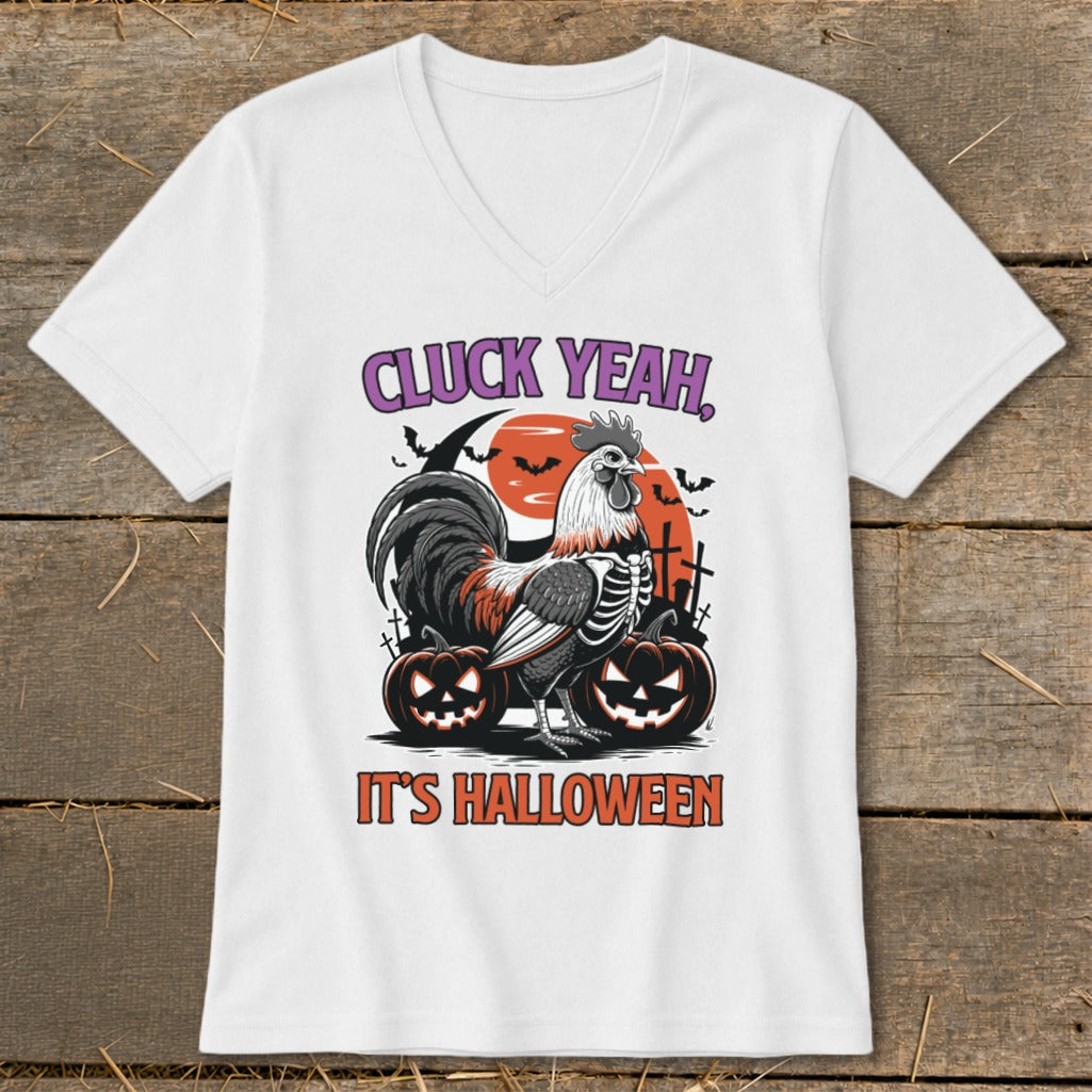 Halloween t-shirt with skeletal rooster, pumpkins, bats, and text "CLUCK YEAH, IT'S HALLOWEEN".