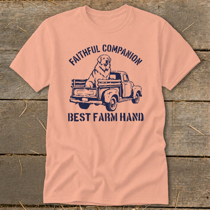 Peach t-shirt with graphic of dog in truck and text "FAITHFUL COMPANION BEST FARM HAND".