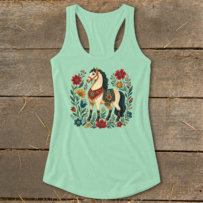 Light green tank top with a decorative horse and floral motif design.