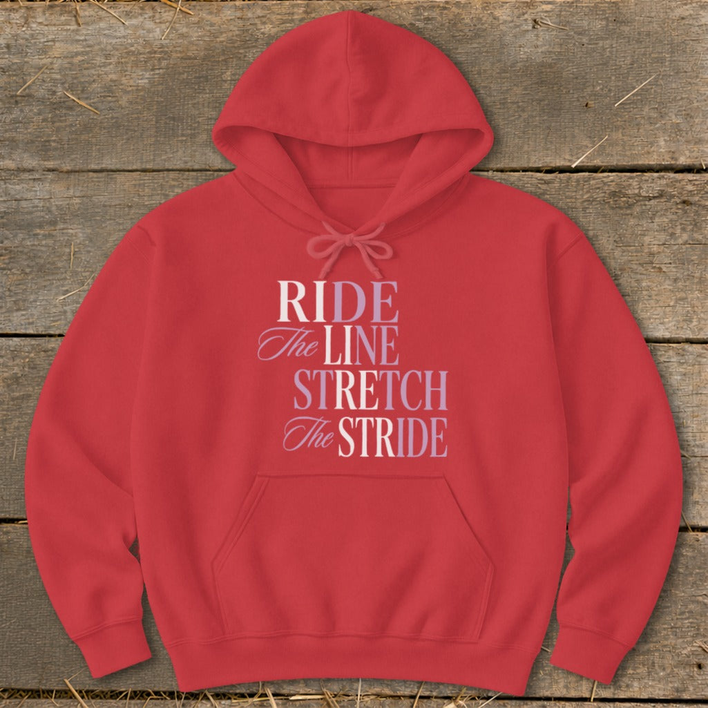 Red hoodie with text "RIDE The LINE STRETCH The STRIDE"
