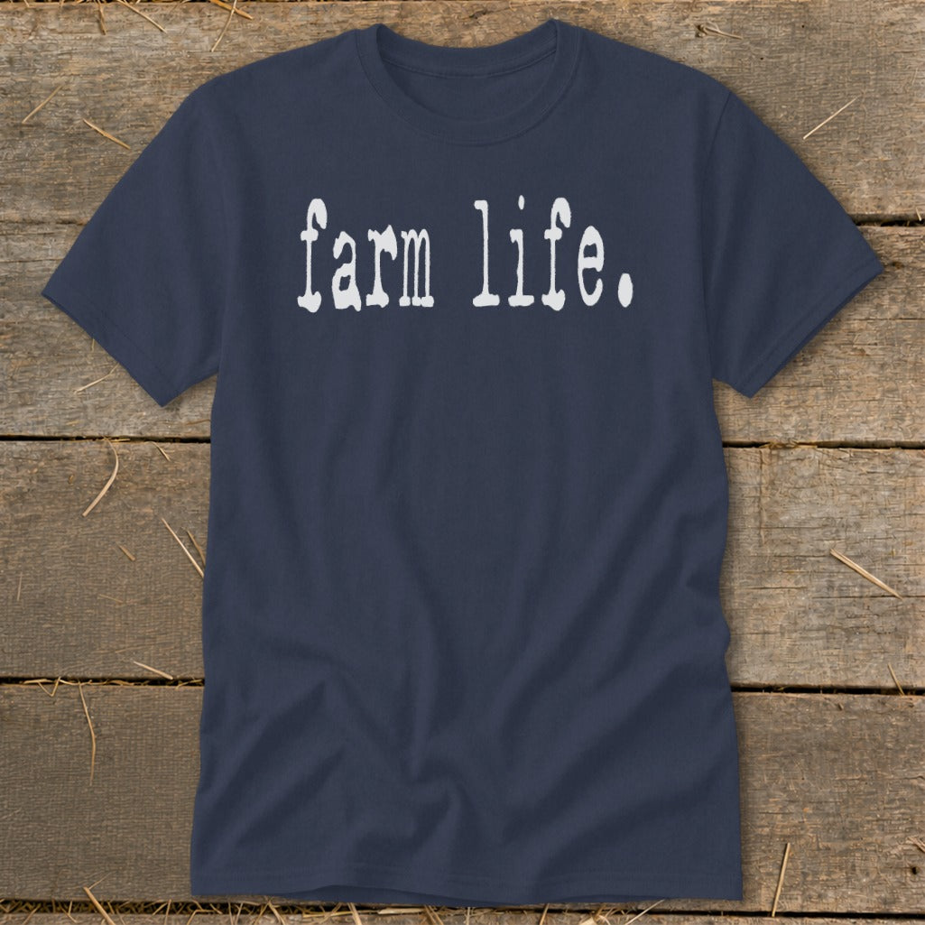 Navy t-shirt with "farm life." in white distressed text.