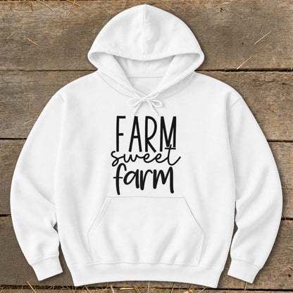 White hooded sweatshirt with black text "FARM sweet farm".